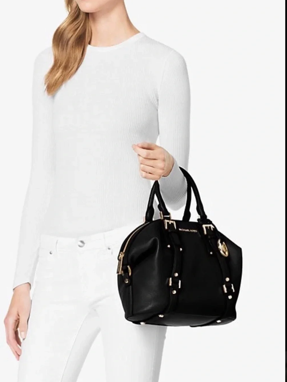 Michel Kors Beford belted medium satchel & cross body bag. Black/Gold